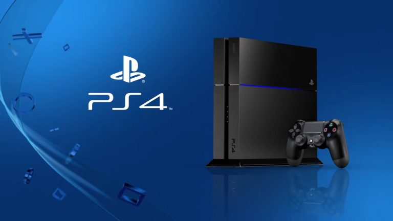 A PS4 with the PS4 logo next to it and a blue background